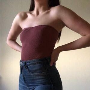 Dynamite Burgundy Ribbed Tube Top Strapless XS S